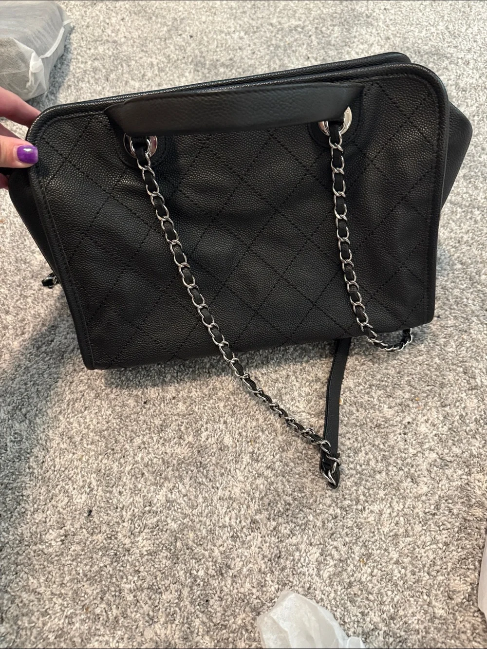 CHANEL Black Quilted Leather Shoulder Satchel with Chain Strap